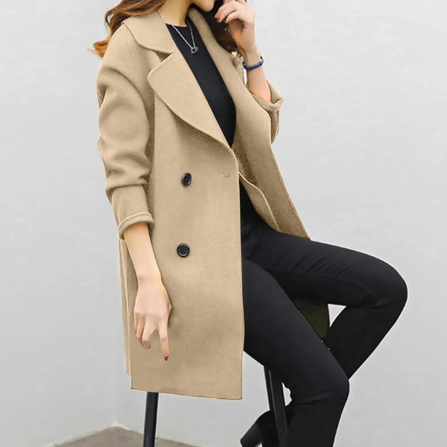 Trench Coat for Women 2024 Fall Classic Notch Lapel Double Breasted Pea Coats Midi Long Trench Coat Overcoat
