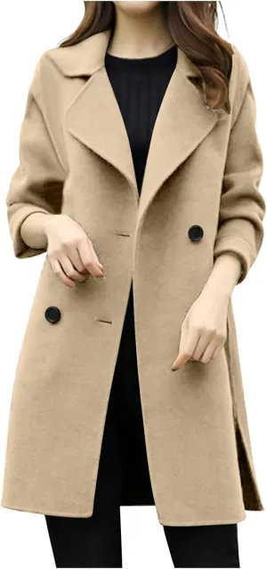 Trench Coat for Women 2024 Fall Classic Notch Lapel Double Breasted Pea Coats Midi Long Trench Coat Overcoat