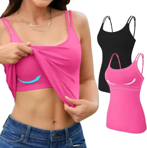 V FOR CITY Shelf Bra Camisole Tops for Women Adjustable Double Spaghetti Straps Tank Tops Cotton Yoga Cami Shirt 2 Pack