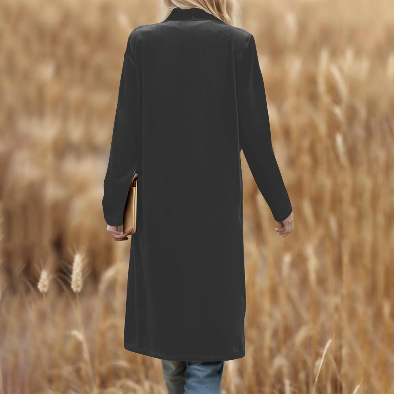 Velvet Cardigan for Women Casual Open Front Long Sleeve Lapel Collar Blazer Jackets Lightweight Long Trench Coats