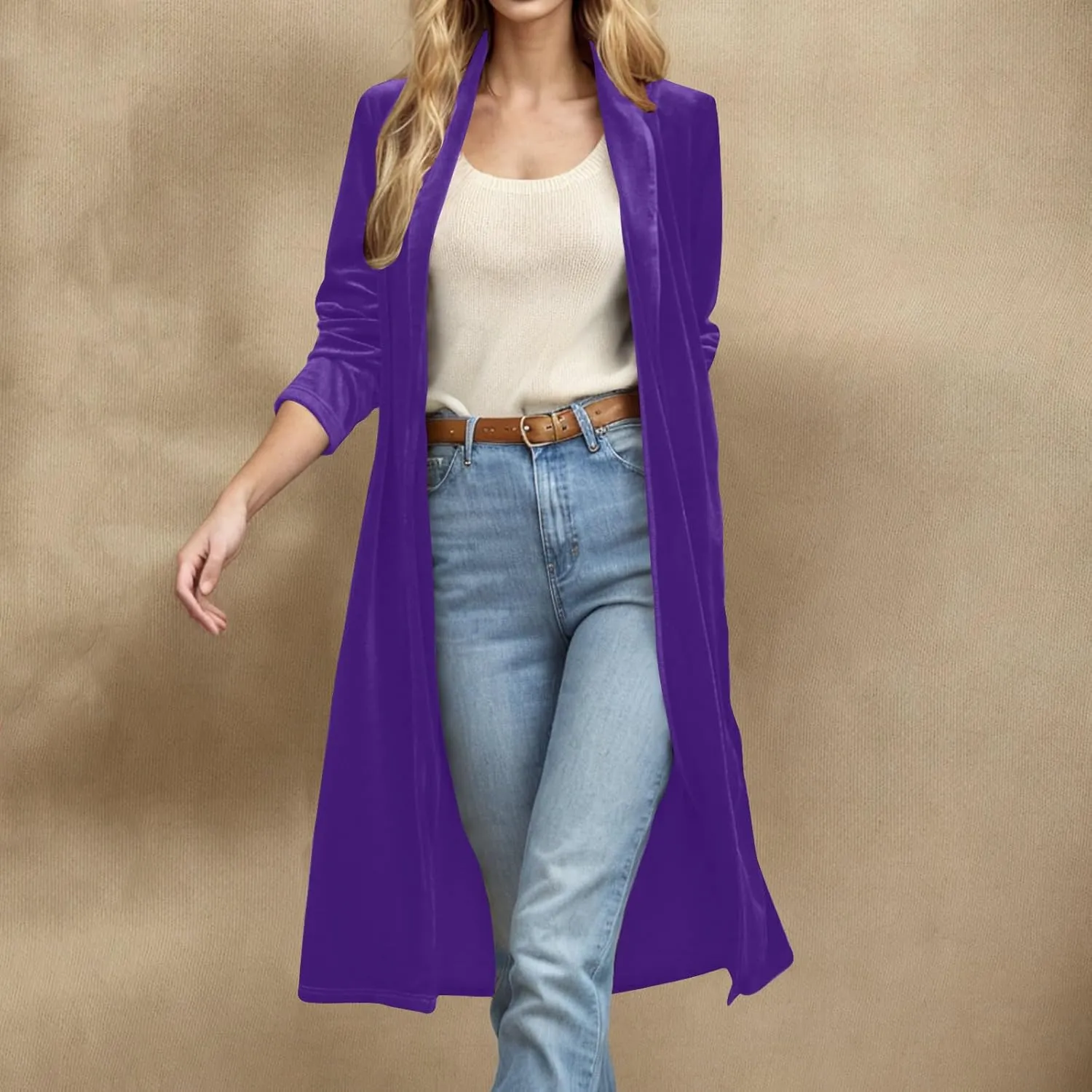 Velvet Cardigan for Women Casual Open Front Long Sleeve Lapel Collar Blazer Jackets Lightweight Long Trench Coats