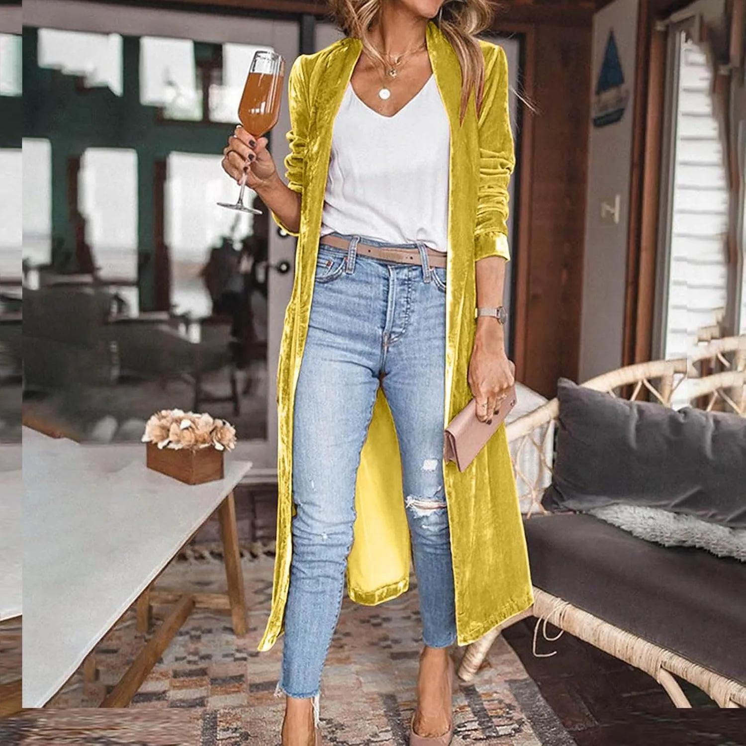 Velvet Cardigan for Women Casual Open Front Long Sleeve Lapel Collar Blazer Jackets Lightweight Long Trench Coats