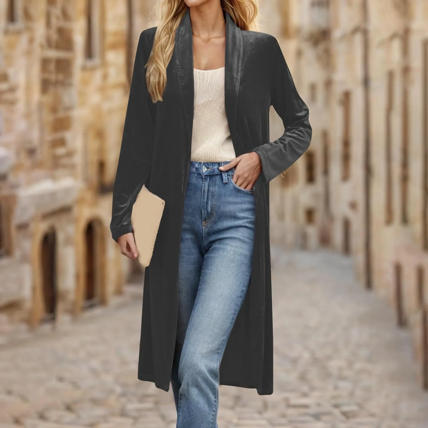 Velvet Cardigan for Women Casual Open Front Long Sleeve Lapel Collar Blazer Jackets Lightweight Long Trench Coats