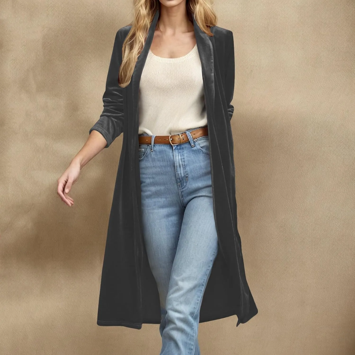 Velvet Cardigan for Women Casual Open Front Long Sleeve Lapel Collar Blazer Jackets Lightweight Long Trench Coats