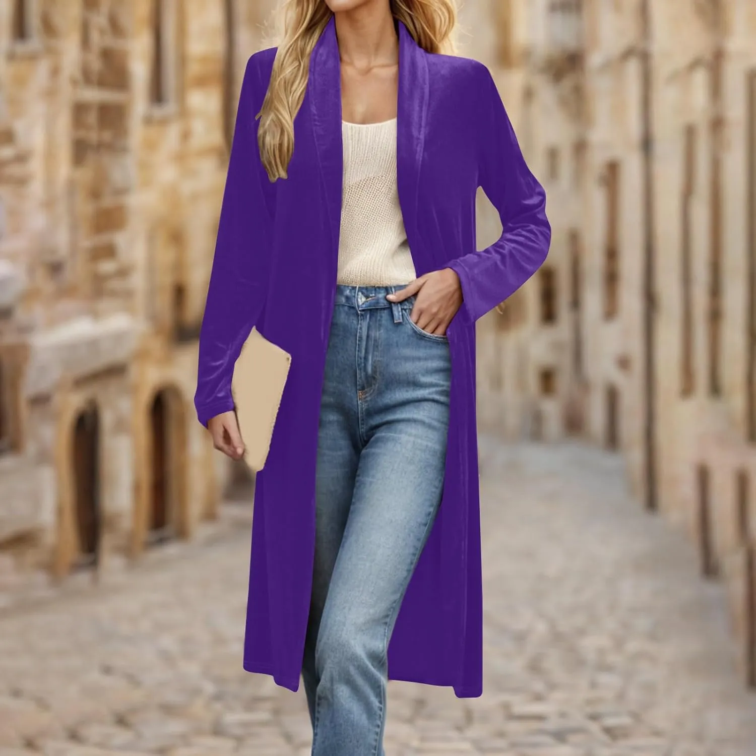 Velvet Cardigan for Women Casual Open Front Long Sleeve Lapel Collar Blazer Jackets Lightweight Long Trench Coats