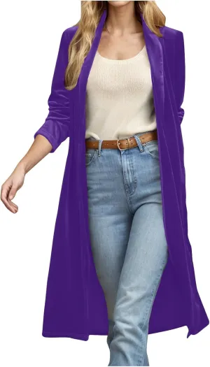 Velvet Cardigan for Women Casual Open Front Long Sleeve Lapel Collar Blazer Jackets Lightweight Long Trench Coats