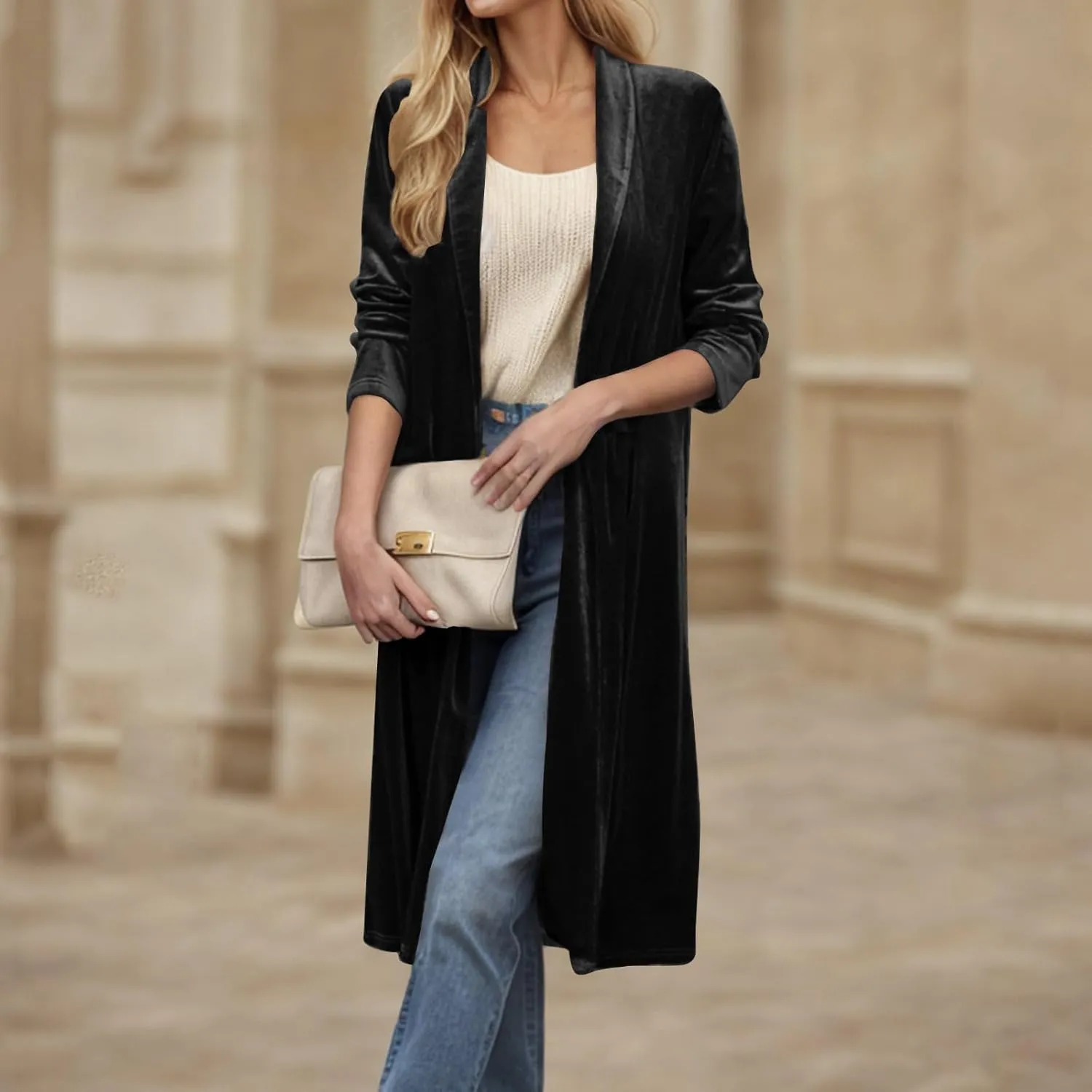 Velvet Cardigan for Women Casual Open Front Long Sleeve Lapel Collar Blazer Jackets Lightweight Long Trench Coats