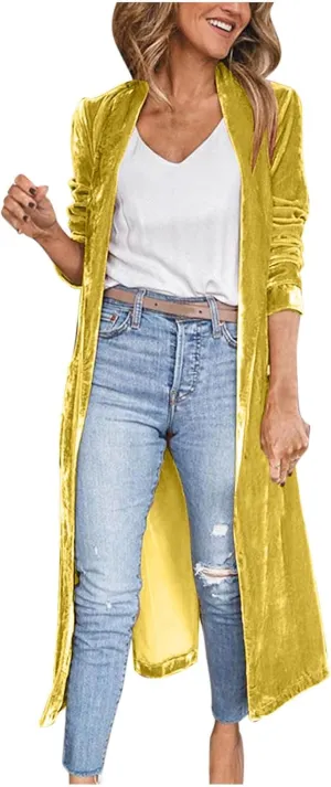 Velvet Cardigan for Women Casual Open Front Long Sleeve Lapel Collar Blazer Jackets Lightweight Long Trench Coats