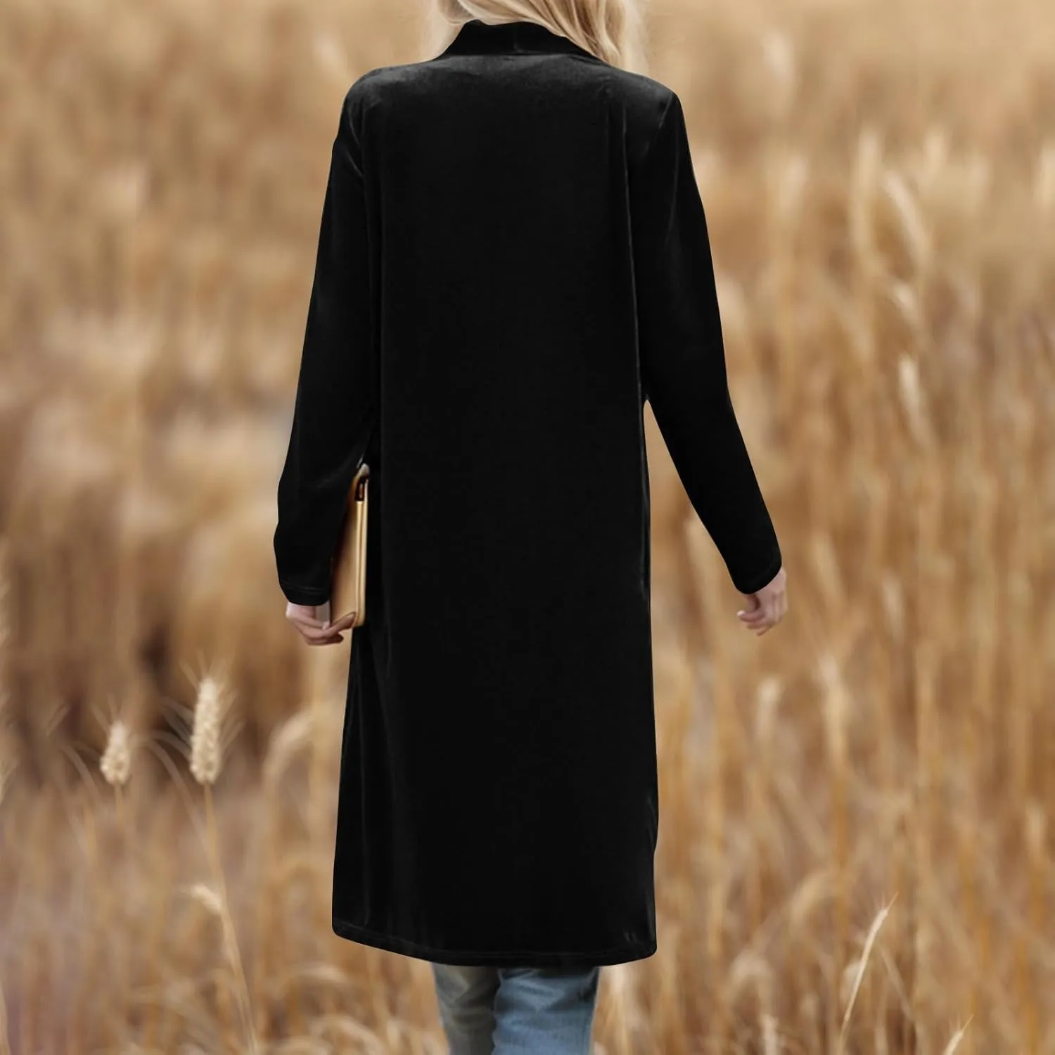 Velvet Cardigan for Women Casual Open Front Long Sleeve Lapel Collar Blazer Jackets Lightweight Long Trench Coats