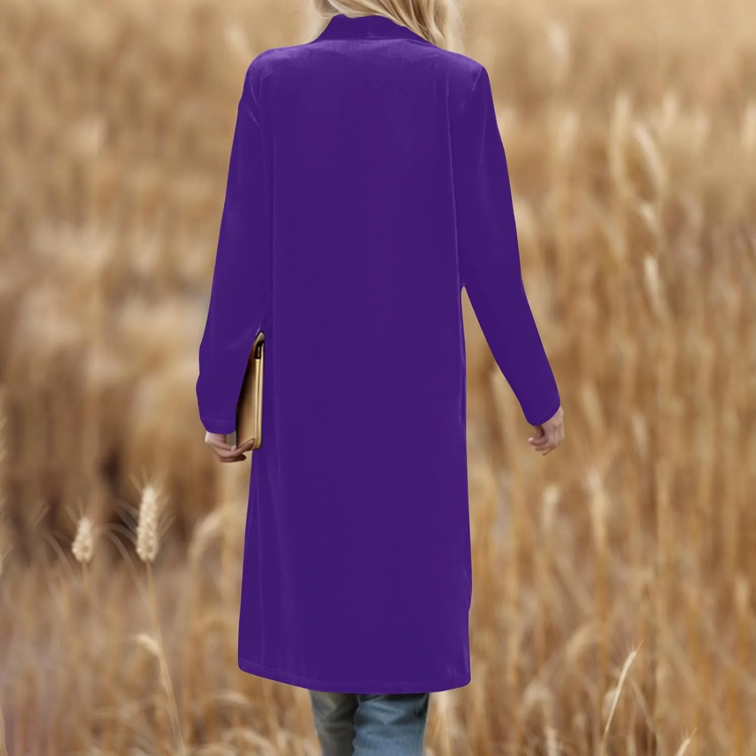 Velvet Cardigan for Women Casual Open Front Long Sleeve Lapel Collar Blazer Jackets Lightweight Long Trench Coats