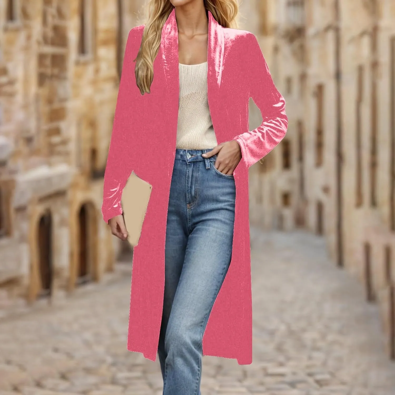 Velvet Cardigan for Women Casual Open Front Long Sleeve Lapel Collar Blazer Jackets Lightweight Long Trench Coats