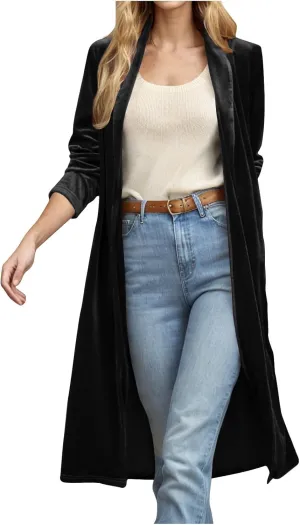 Velvet Cardigan for Women Casual Open Front Long Sleeve Lapel Collar Blazer Jackets Lightweight Long Trench Coats