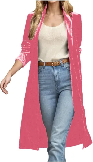 Velvet Cardigan for Women Casual Open Front Long Sleeve Lapel Collar Blazer Jackets Lightweight Long Trench Coats