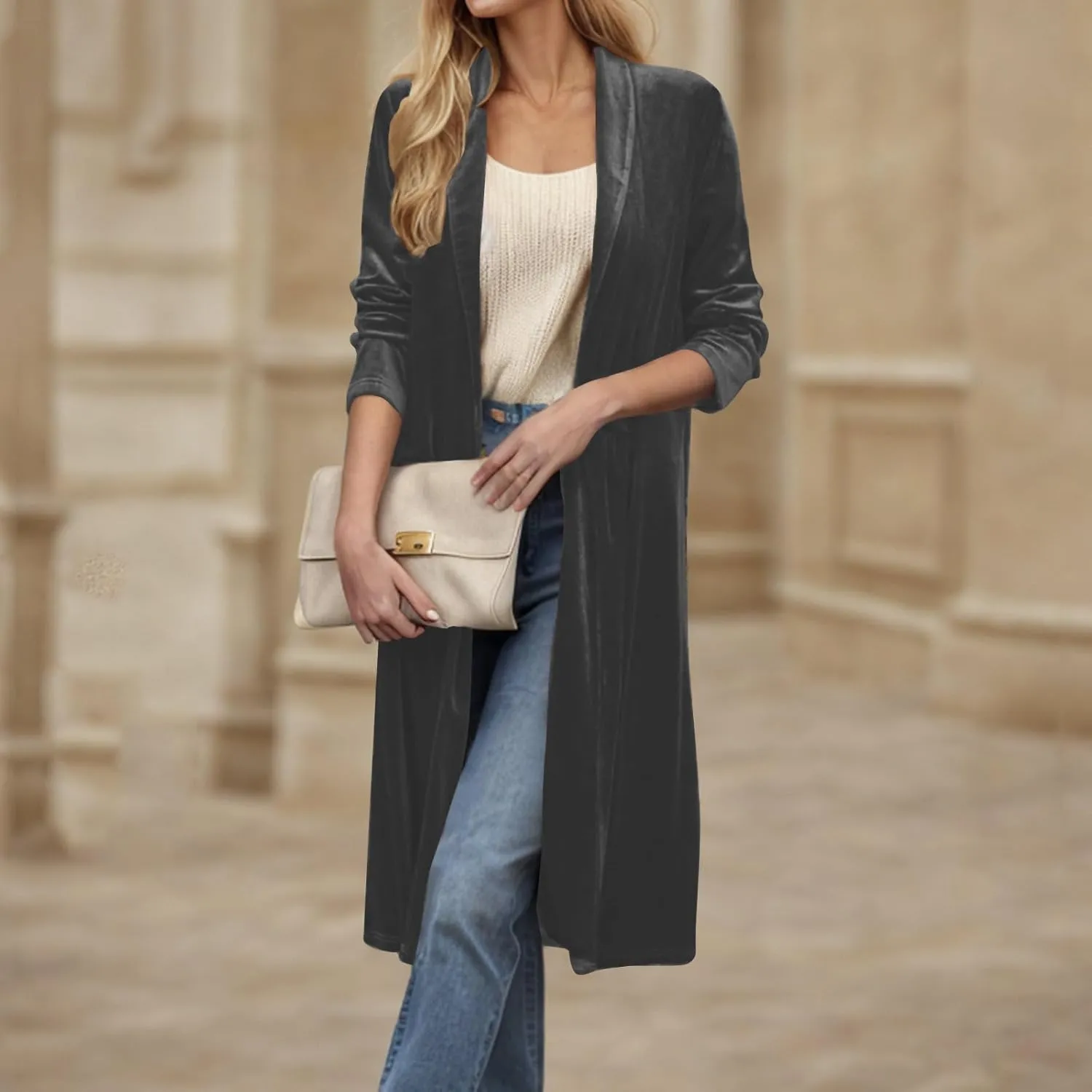 Velvet Cardigan for Women Casual Open Front Long Sleeve Lapel Collar Blazer Jackets Lightweight Long Trench Coats
