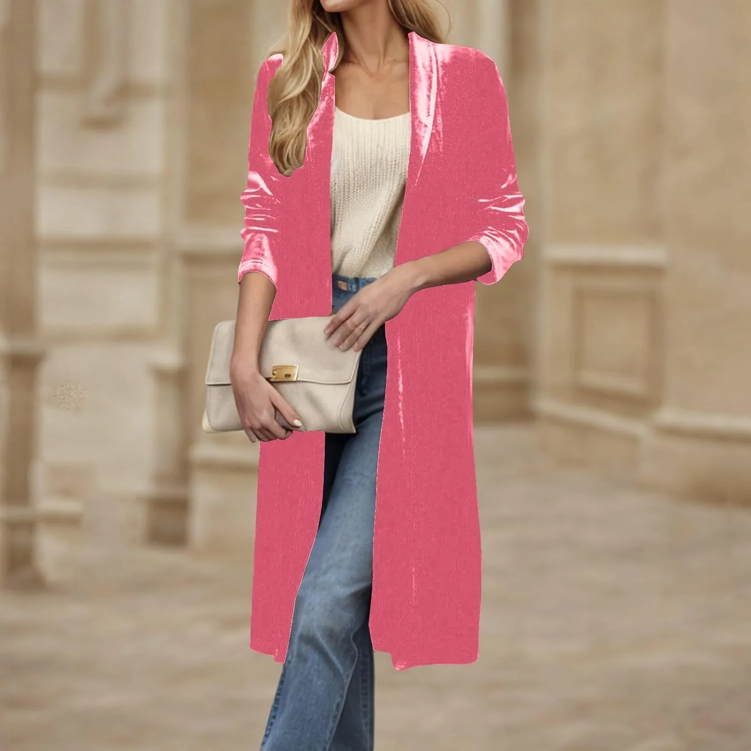 Velvet Cardigan for Women Casual Open Front Long Sleeve Lapel Collar Blazer Jackets Lightweight Long Trench Coats