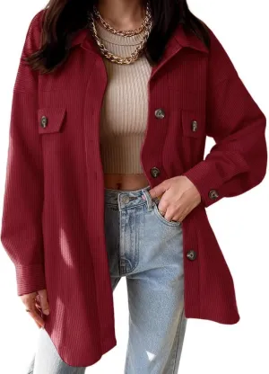 VICHYIE Womens Corduroy Shacket Blouses Button Down Shirts Pocket Long Sleeves Tops Jacket Coats