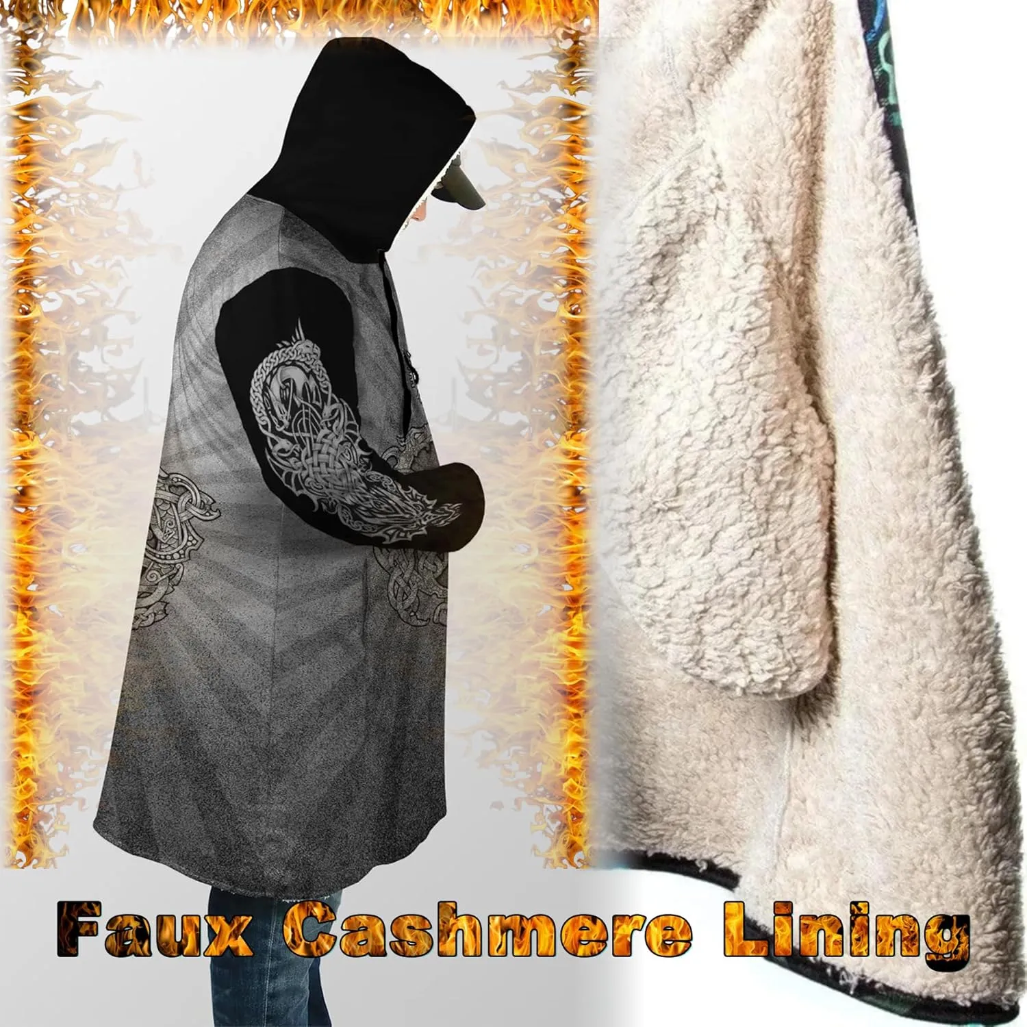 Viking Unisex Winter Cloak 3D Print Valaknut Odin Raven Coats with Hood, Thermal Fleece-Lined Relaxed Hip Hop Jacket