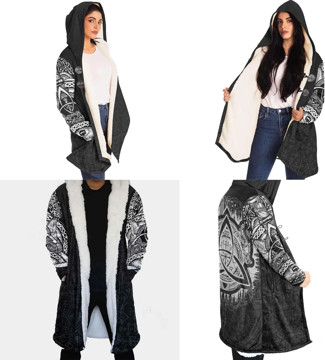 Viking Unisex Winter Cloak 3D Print Valaknut Odin Raven Coats with Hood, Thermal Fleece-Lined Relaxed Hip Hop Jacket