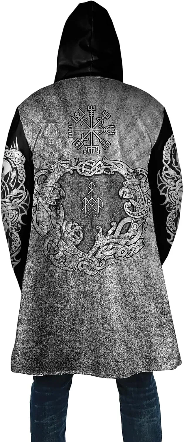 Viking Unisex Winter Cloak 3D Print Valaknut Odin Raven Coats with Hood, Thermal Fleece-Lined Relaxed Hip Hop Jacket