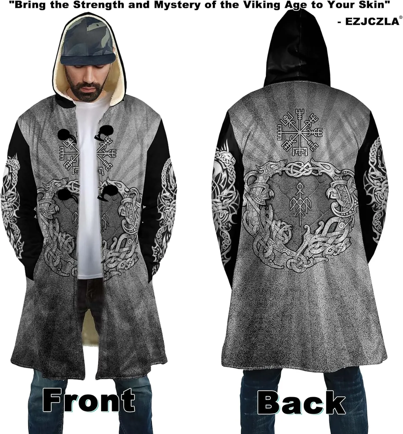 Viking Unisex Winter Cloak 3D Print Valaknut Odin Raven Coats with Hood, Thermal Fleece-Lined Relaxed Hip Hop Jacket