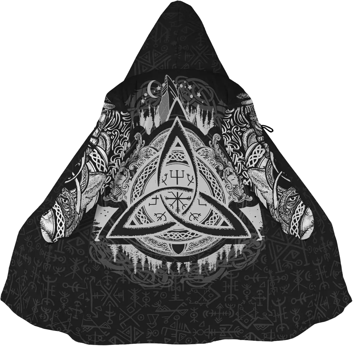 Viking Unisex Winter Cloak 3D Print Valaknut Odin Raven Coats with Hood, Thermal Fleece-Lined Relaxed Hip Hop Jacket