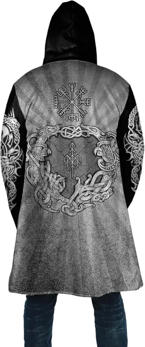 Viking Unisex Winter Cloak 3D Print Valaknut Odin Raven Coats with Hood, Thermal Fleece-Lined Relaxed Hip Hop Jacket