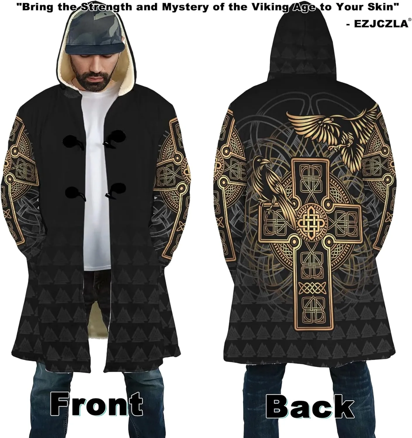 Viking Unisex Winter Cloak 3D Print Valaknut Odin Raven Coats with Hood, Thermal Fleece-Lined Relaxed Hip Hop Jacket
