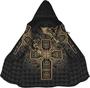 Viking Unisex Winter Cloak 3D Print Valaknut Odin Raven Coats with Hood, Thermal Fleece-Lined Relaxed Hip Hop Jacket