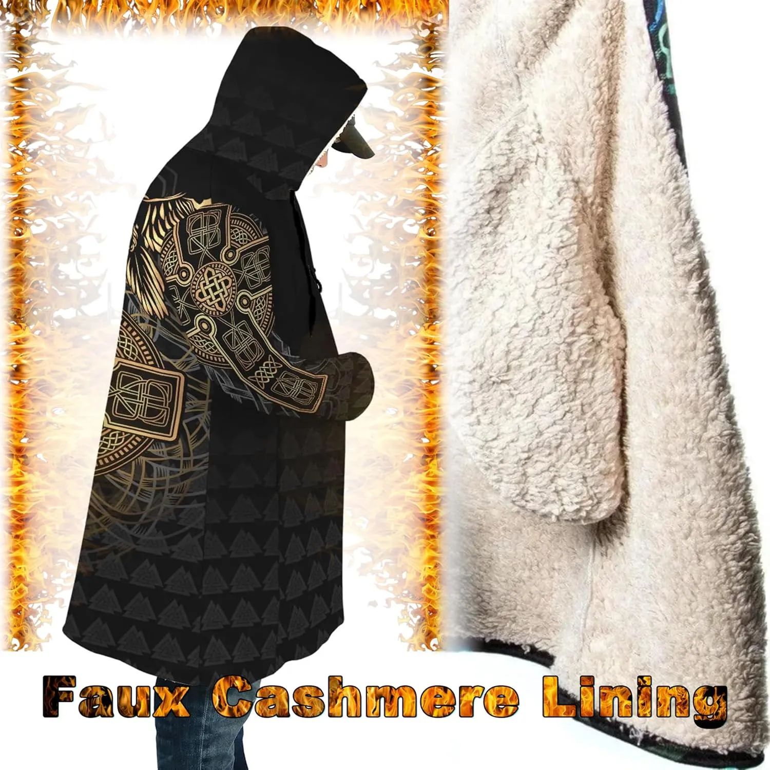 Viking Unisex Winter Cloak 3D Print Valaknut Odin Raven Coats with Hood, Thermal Fleece-Lined Relaxed Hip Hop Jacket