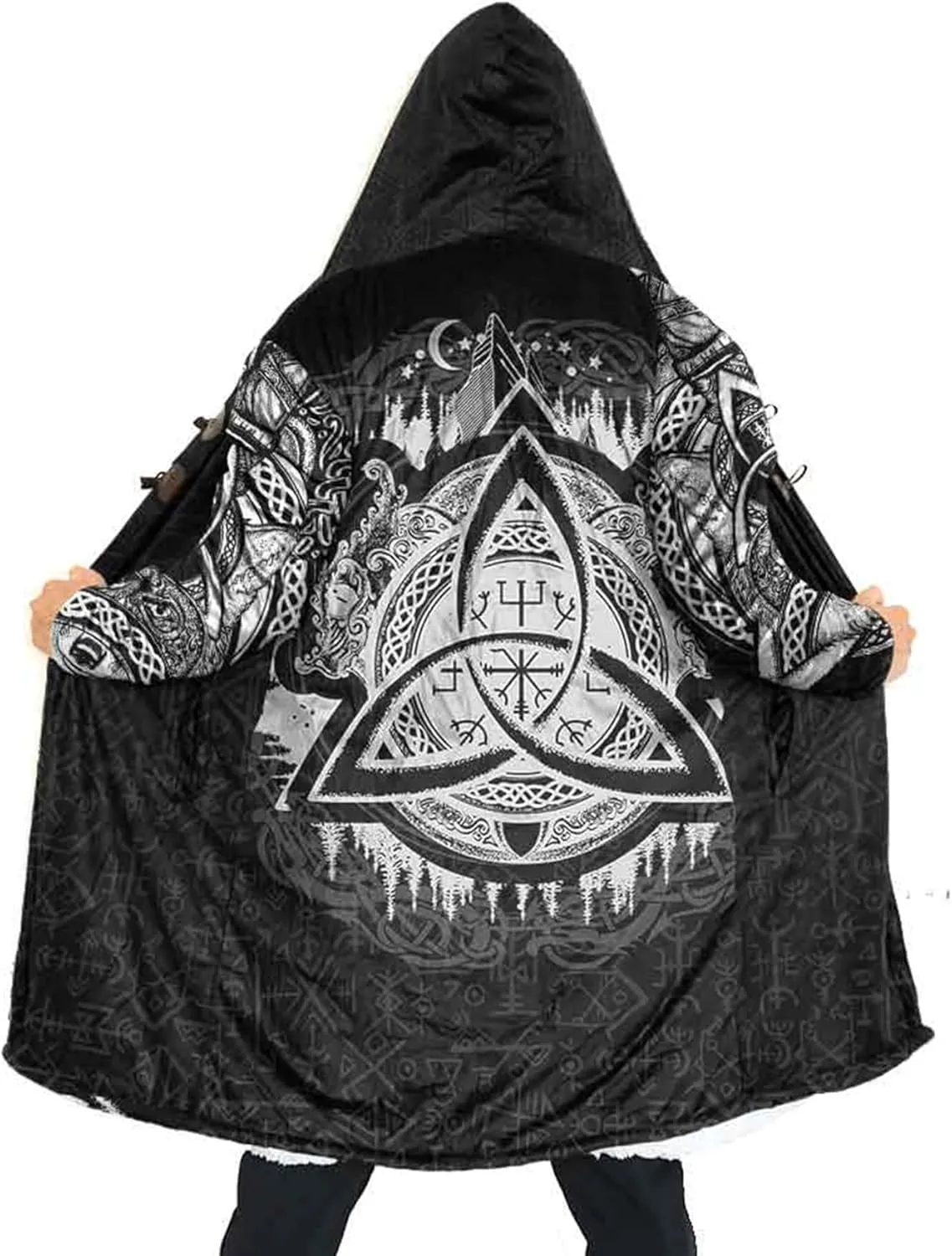 Viking Unisex Winter Cloak 3D Print Valaknut Odin Raven Coats with Hood, Thermal Fleece-Lined Relaxed Hip Hop Jacket