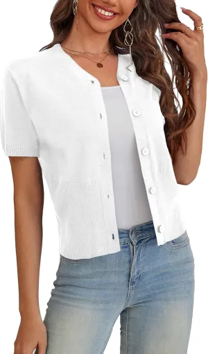 VOIANLIMO Women's Sweater Cropped Knit Long Sleeve Cardigan Lightweight Bolero Short Shrugs V-Neck Button up Tops