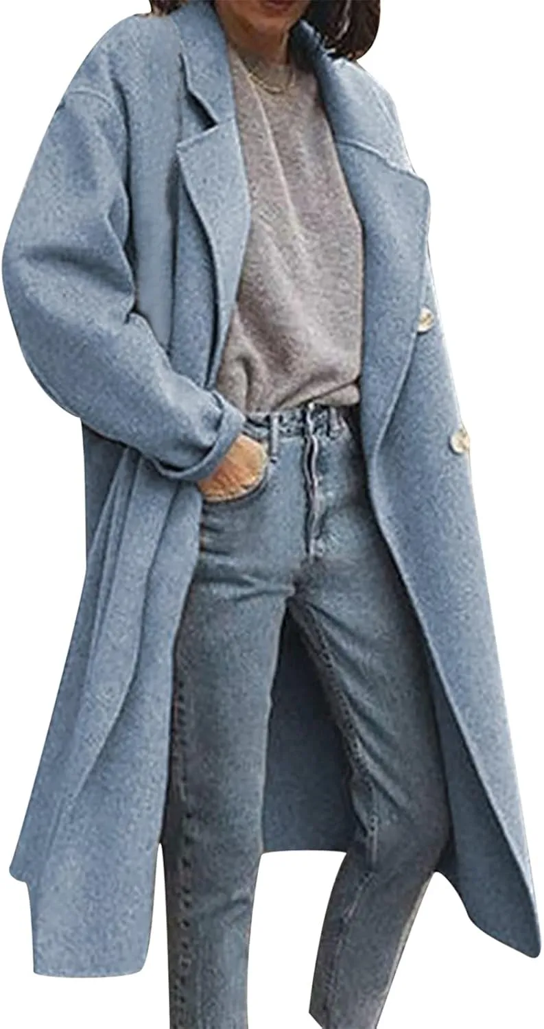 Winter Coats for Women Elegant Notched Collar Double Breasted Wool Coat Casual Trench Peacoat Warm Trench Coats