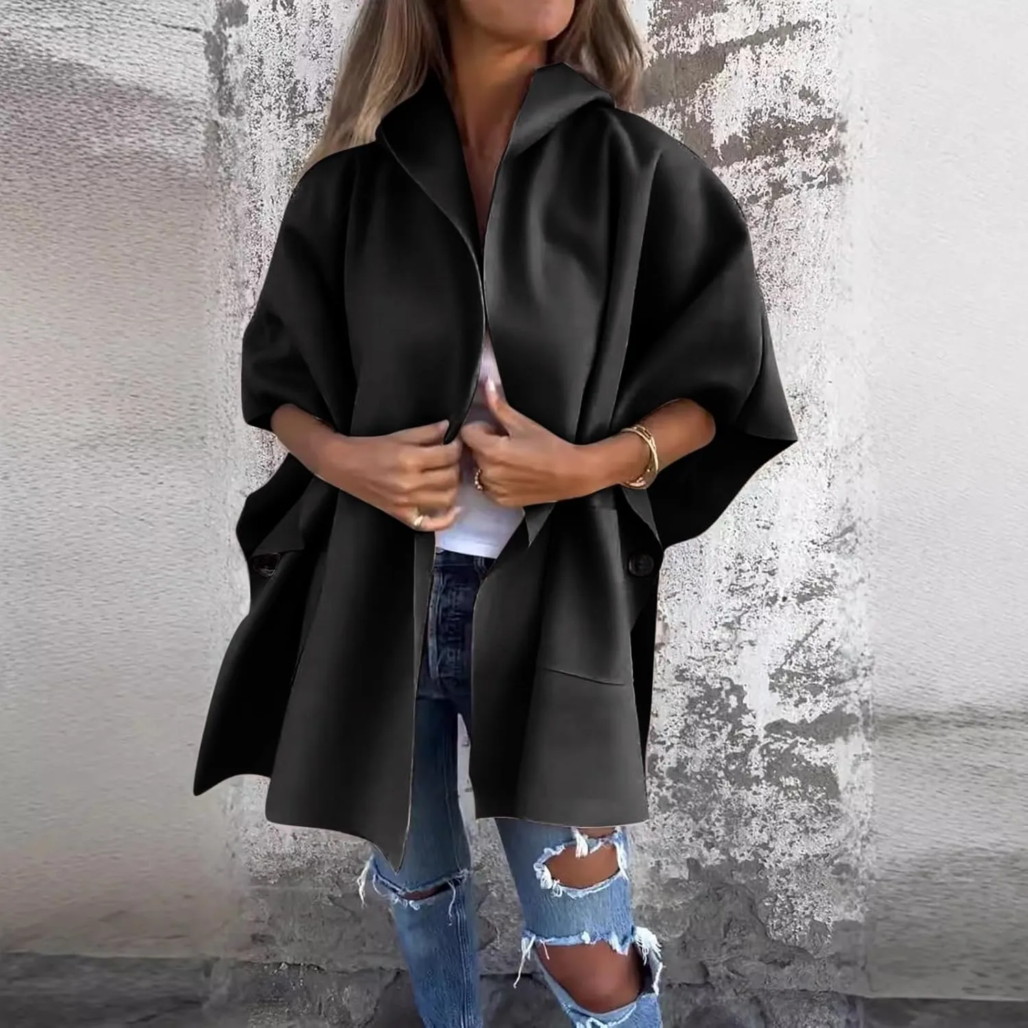 Winter Coats for Women Oversized Cardigans Bat Sleeve Laple Neck Jackets Solid Color Button Fall Hoodies with Pockets