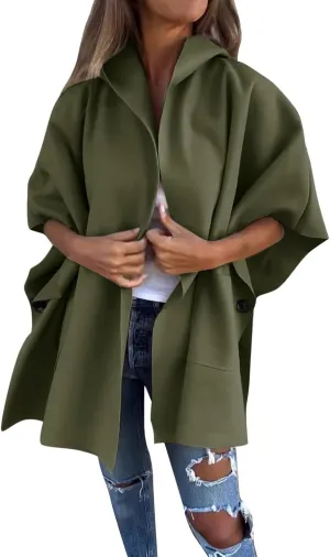 Winter Coats for Women Oversized Cardigans Bat Sleeve Laple Neck Jackets Solid Color Button Fall Hoodies with Pockets