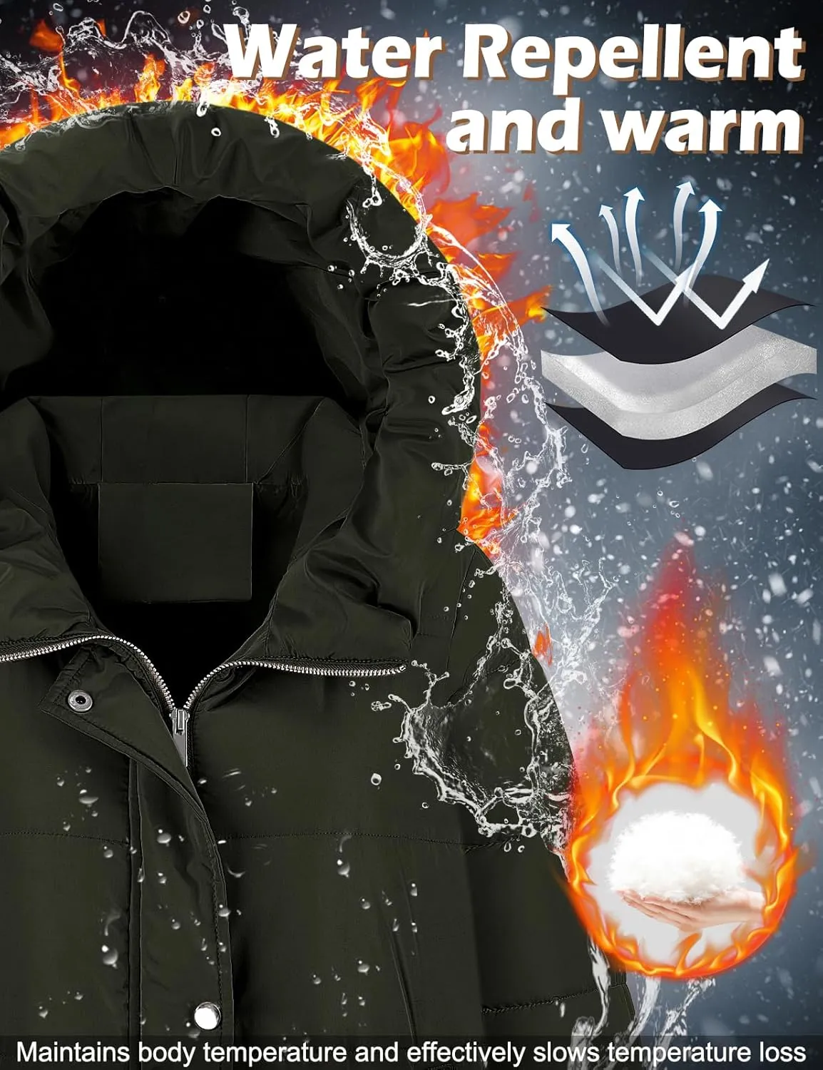 Winter Coats for Women-Puffer Jacket Hooded Warm Winter Long Coat Thickened Down Alternative Jacket Outwear