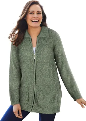 Woman Within Plus Size Marled Zip-Front Cable Knit Cardigan