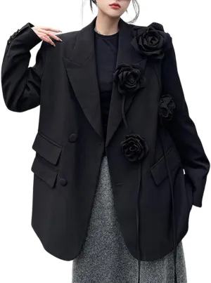 Women Black Oversized Lapel Blazers Flower Party Blazer