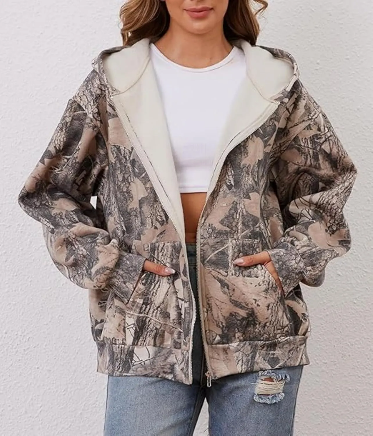 Women Camo Zip Up Hoodies Oversized Hooded Sweatshirt Pullover Long Sleeve Fleece Sweater Fall Winter Outfits