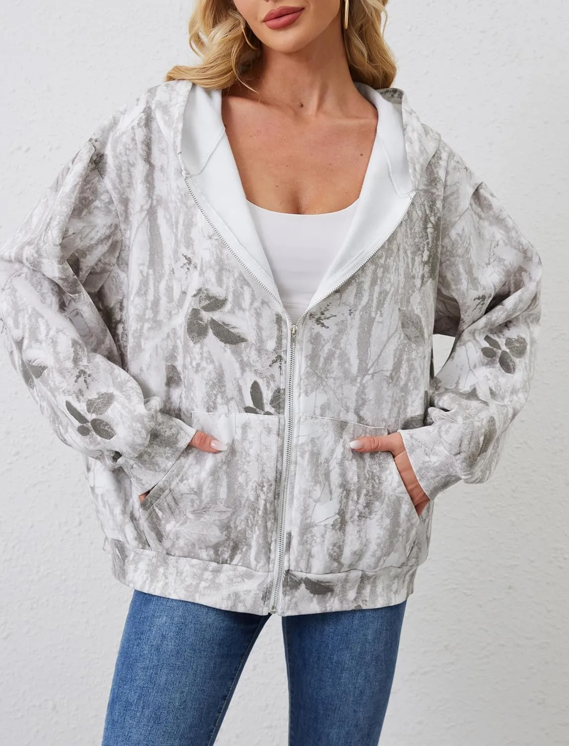 Women Camo Zip Up Hoodies Oversized Hooded Sweatshirt Pullover Long Sleeve Fleece Sweater Fall Winter Outfits
