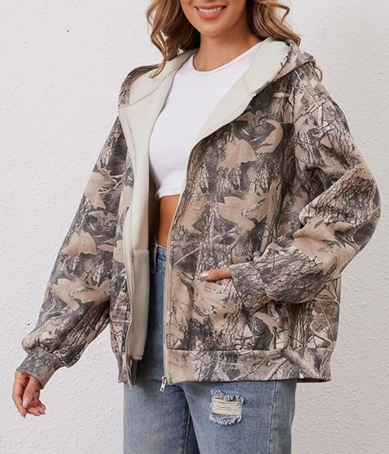 Women Camo Zip Up Hoodies Oversized Hooded Sweatshirt Pullover Long Sleeve Fleece Sweater Fall Winter Outfits
