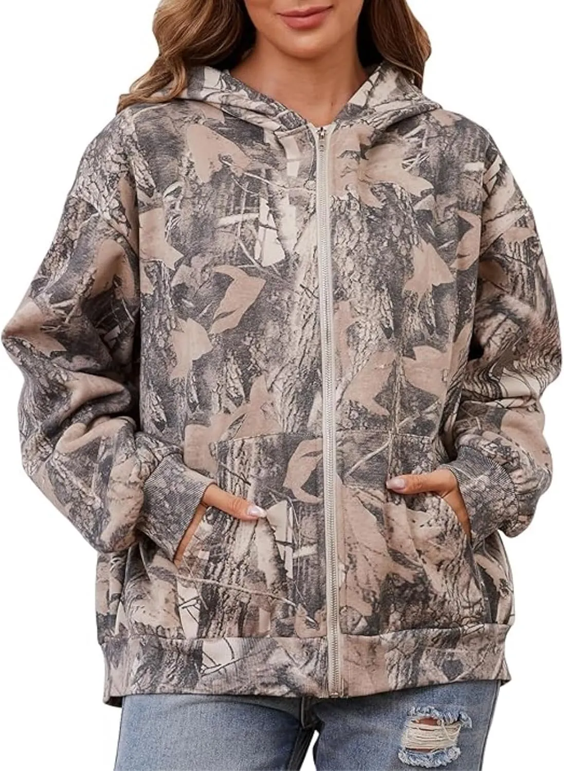 Women Camo Zip Up Hoodies Oversized Hooded Sweatshirt Pullover Long Sleeve Fleece Sweater Fall Winter Outfits