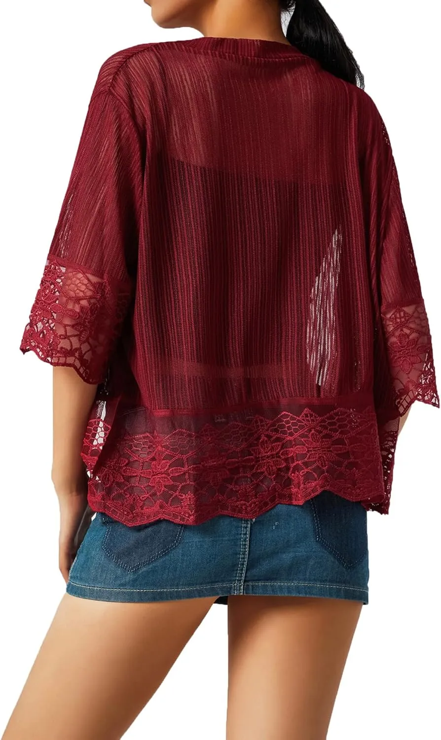 Women Casual Lace Crochet Cardigan Short Sleeve Sheer Cover Up Jacket Ruffle Open Front Blouse Tops Summer Kimono Cardigans