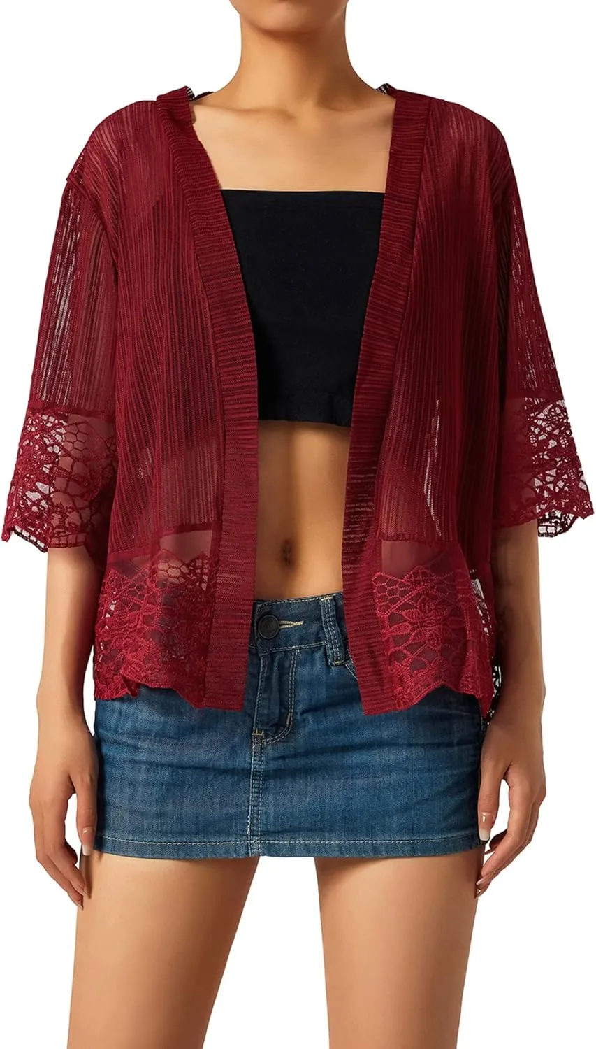 Women Casual Lace Crochet Cardigan Short Sleeve Sheer Cover Up Jacket Ruffle Open Front Blouse Tops Summer Kimono Cardigans