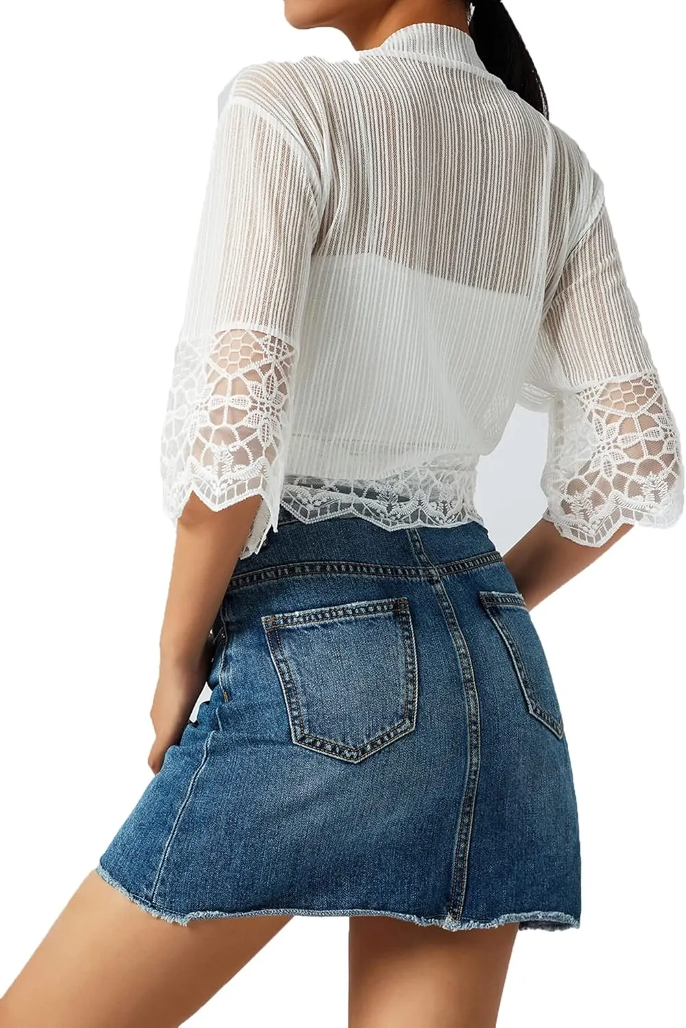 Women Casual Lace Crochet Cardigan Short Sleeve Sheer Cover Up Jacket Ruffle Open Front Blouse Tops Summer Kimono Cardigans