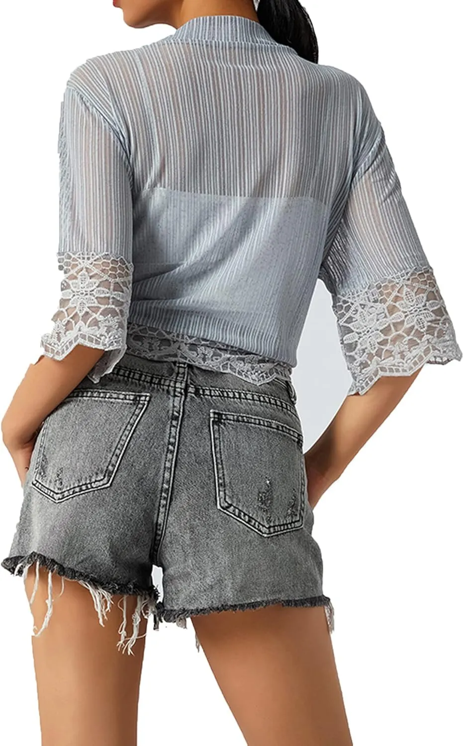 Women Casual Lace Crochet Cardigan Short Sleeve Sheer Cover Up Jacket Ruffle Open Front Blouse Tops Summer Kimono Cardigans