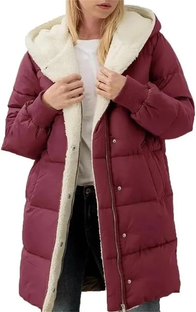 Women Fleece Parkas Winter Coats Hooded Cotton-Padded Long-Sleeved Jackets Double-Sided fleece Slim-Fit Cardigan Jacket Coats