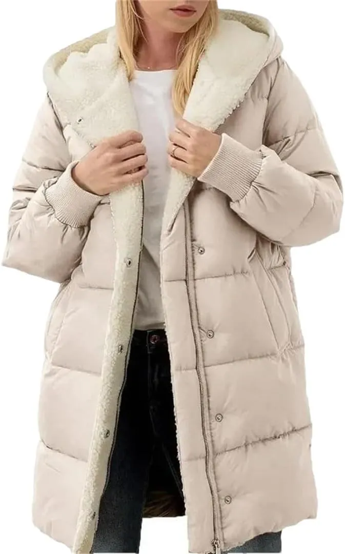 Women Fleece Parkas Winter Coats Hooded Cotton-Padded Long-Sleeved Jackets Double-Sided fleece Slim-Fit Cardigan Jacket Coats