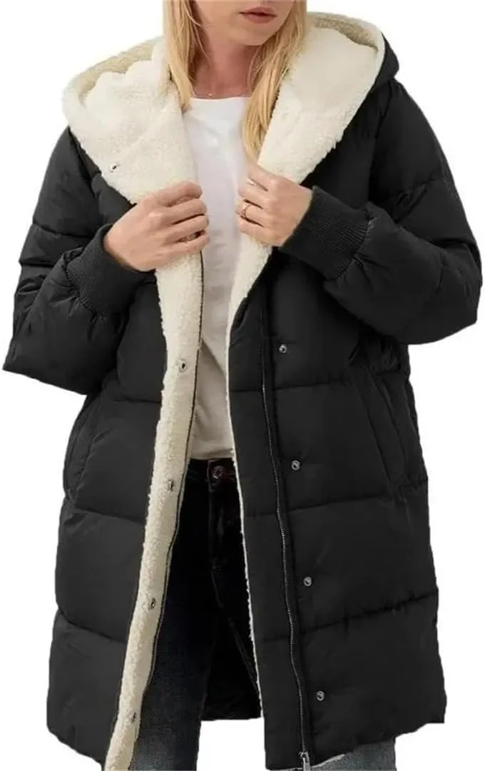 Women Fleece Parkas Winter Coats Hooded Cotton-Padded Long-Sleeved Jackets Double-Sided fleece Slim-Fit Cardigan Jacket Coats
