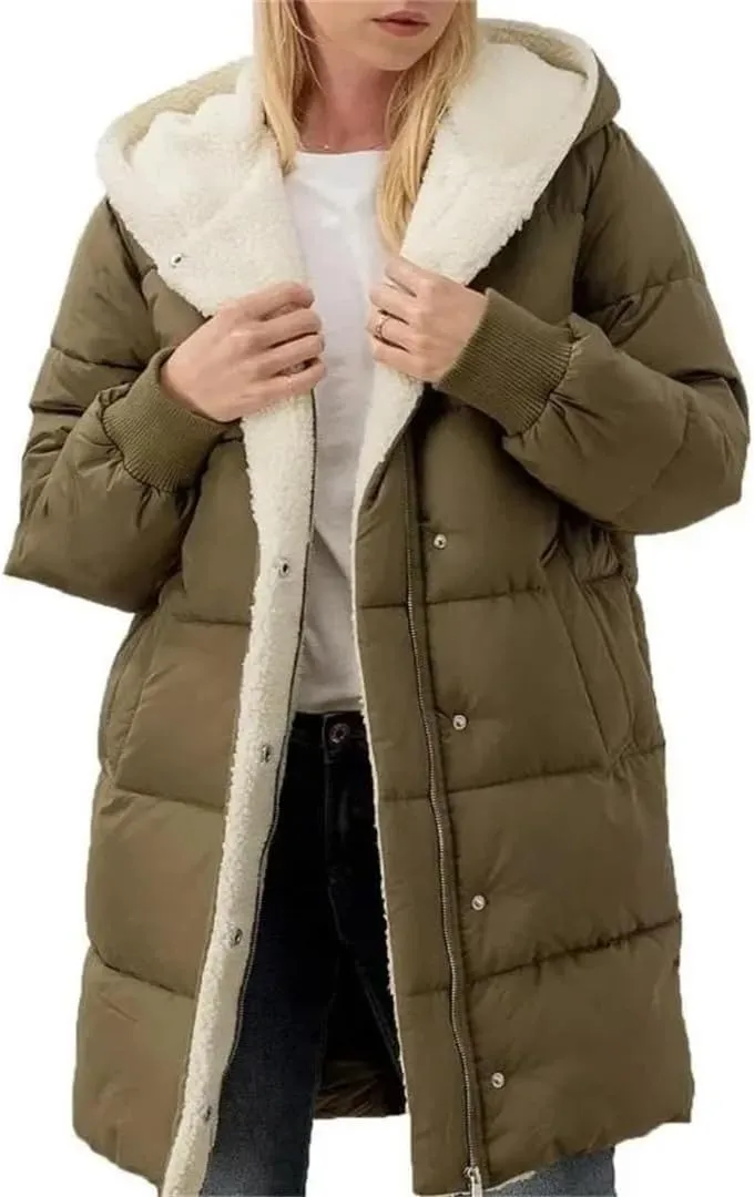 Women Fleece Parkas Winter Coats Hooded Cotton-Padded Long-Sleeved Jackets Double-Sided fleece Slim-Fit Cardigan Jacket Coats