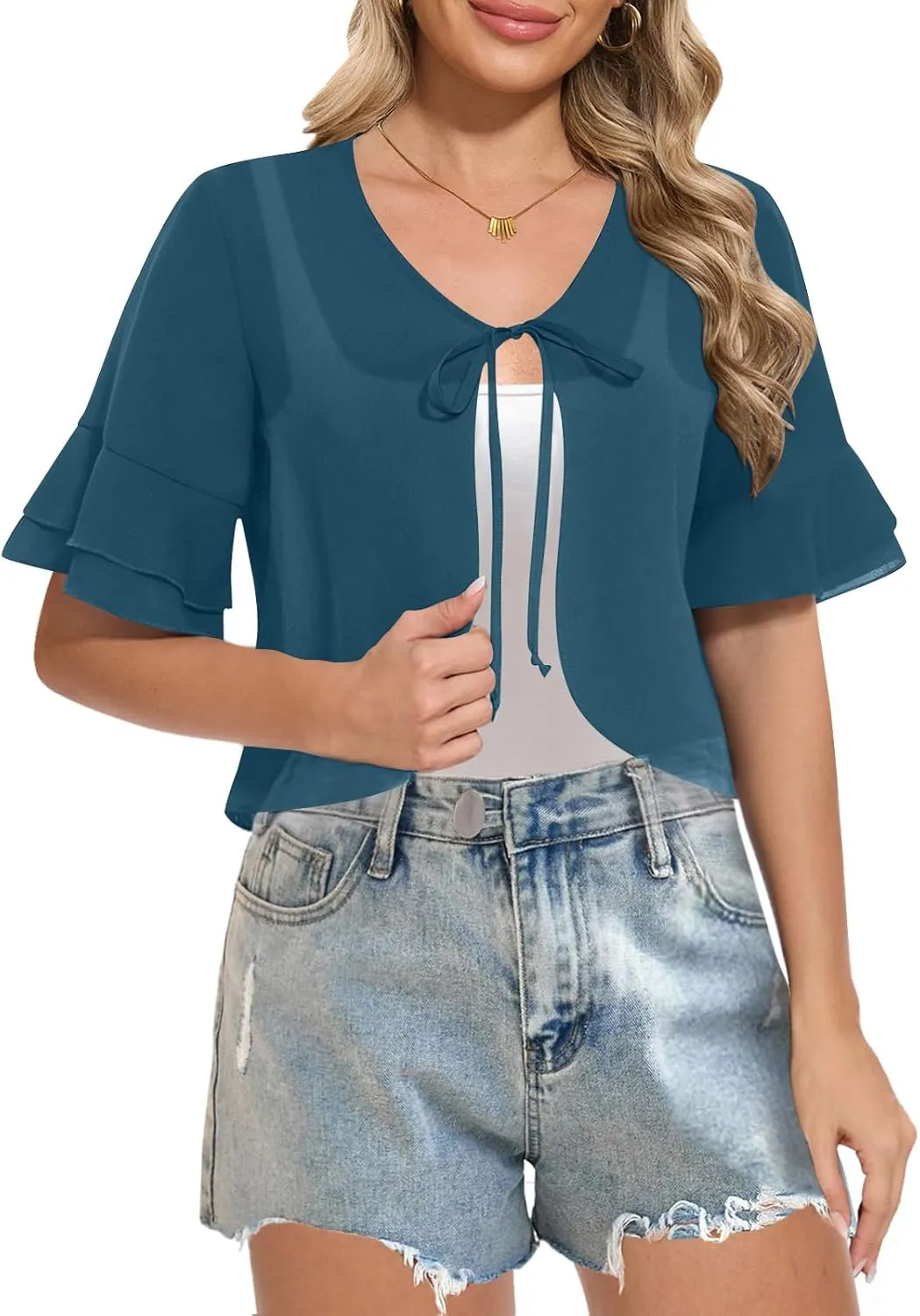 Women Shrug Chiffon Bolero Ruffle Short Sleeve Summer Tie Front Sheer Cardigans for Dresses
